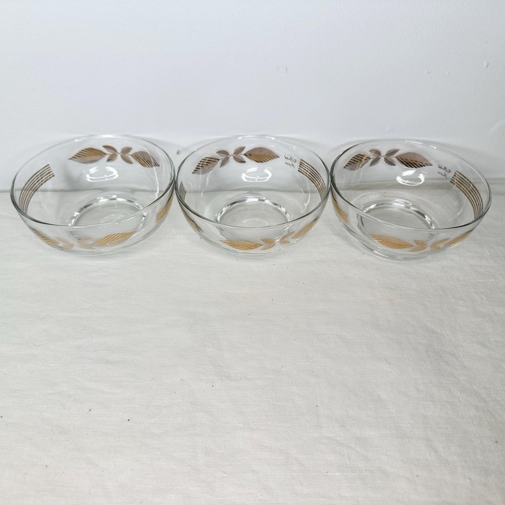 Vintage Fred Press Glass Bowls Set of 3 Gold Leaf Mid Century Modern MCM Clear